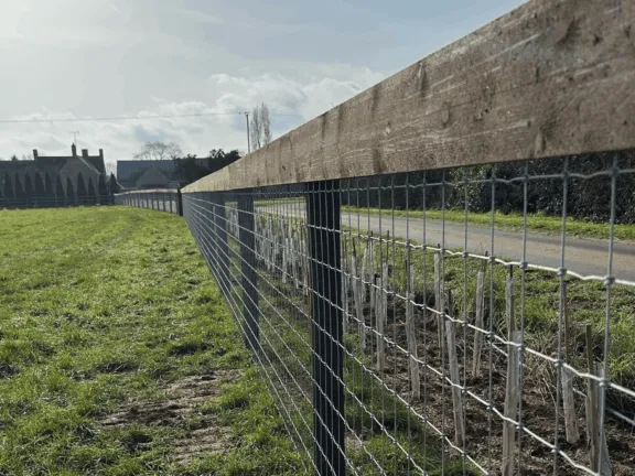 A close up of a fence constructed of horsenet and post and rail