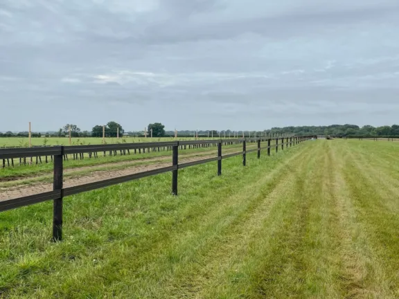 A line of Horserail Fencing running between a grass paddock and a track.